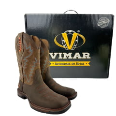Bota Texana Masculina Vimar Bico Quadrado Couro Crazy Horse Café/Fóssil Caramelo Sola Xtreme 002 Ref:81408