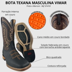 Bota Texana Masculina Vimar Boots Bico Quadrado Couro Discovery Preto Sola Nebraska Ref:81418