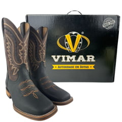 Bota Texana Masculina Vimar Boots Bico Quadrado Couro Discovery Preto Sola Nebraska Ref:81418