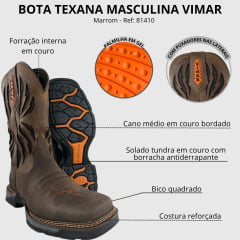 Bota Texana Masculina Vimar Boots Bico Quadrado Couro Hidro Oil Coffe/Fóssil Castanho Sola Tundra 004 Ref:81410