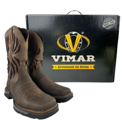 Bota Texana Masculina Vimar Boots Bico Quadrado Couro Hidro Oil Coffe/Fóssil Castanho Sola Tundra 004 Ref:81410