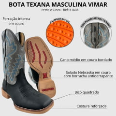 Bota Texana Masculina Vimar Boots Bico Quadrado Couro Hidro Oil Preto Sola Smoke Ref:81408