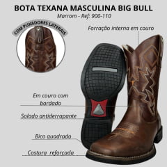 Bota Texana Masculino Big Bull Boots Couro Floater Tabaco/ F Cela Com Bordado Ref:900-110 Cenoura