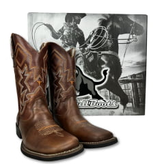 Bota Texana Masculino Big Bull Boots Couro Floater Tabaco/ F Cela Com Bordado Ref:900-110 Cenoura