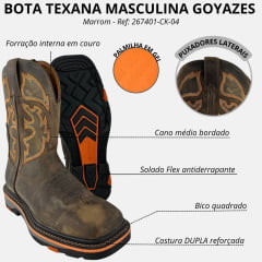 Bota Texana Masculina Goyazes Bico Quadrado Work Preto Dallas Tabaco Bordado Laranja Ref:267401-CK04