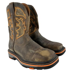 Bota Texana Masculina Goyazes Bico Quadrado Work Preto Dallas Tabaco Bordado Laranja Ref:267401-CK04
