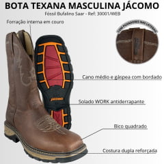 Bota Texana Masculino Jácomo Bico Quadrado Solado Work Couro Fóssil Bufalino Saar - Ref:30001/WEB