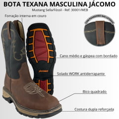 Bota Texana Masculina Jácomo Bico Quadrado Work Couro Mustang Sella Fóssil Oil Preto Ref:30001/WEB