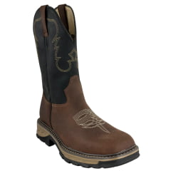 Bota Texana Masculina Jácomo Bico Quadrado Work Couro Mustang Sella Fóssil Oil Preto Ref:30001/WEB