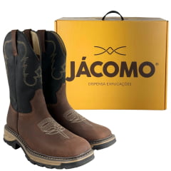 Bota Texana Masculina Jácomo Bico Quadrado Work Couro Mustang Sella Fóssil Oil Preto Ref:30001/WEB