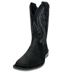 Bota Texana Masculina Vimar Boots Bico Quadrado Couro Crazy Horse Preto Com Cano Bordado Sola UTAH-002F2 Ref:81360