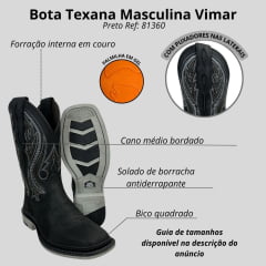 Bota Texana Masculina Vimar Boots Bico Quadrado Couro Crazy Horse Preto Com Cano Bordado Sola UTAH-002F2 Ref:81360