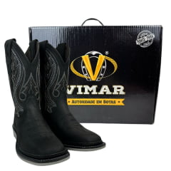 Bota Texana Masculina Vimar Boots Bico Quadrado Couro Crazy Horse Preto Com Cano Bordado Sola UTAH-002F2 Ref:81360