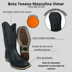 Bota Texana Masculina Vimar Boots Bico Quadrado Couro Discovery Preto Sola TXS-002F78 Ref:81363