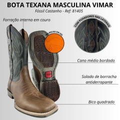 Bota Texana Masculina Vimar Boots Bico Quadrado Couro Fóssil Castanho Cano Verde Sola TXS -002F78 Ref:81405