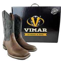 Bota Texana Masculina Vimar Boots Bico Quadrado Couro Fóssil Castanho Cano Verde Sola TXS -002F78 Ref:81405