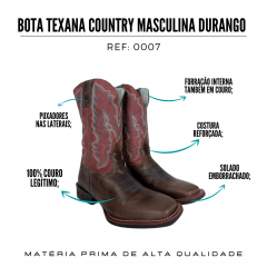 Bota Texana Country Masculina Durango Bico Quadrado Jabuticaba Cereja