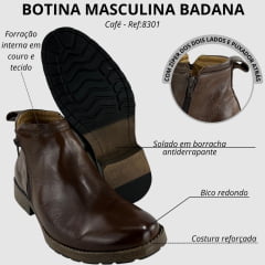 Botina Masculina Badana Bico Redondo Couro Café Zíper Solado Rock Preto - Ref:8301