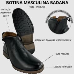 Botina Masculina Badana Bico Redondo Couro Preto Zíper Solado Rock Preto - Ref:8301
