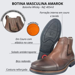 Botina Masculina Amarok Bico Redondo Couro Liso Bolonha Whisky Sola Borracha Aroeira Nova Ref:4054-8