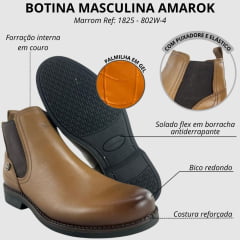 Botina Masculina Amarok Bico Redondo Couro Liso Vegetal Wisky Sola Borracha Linha Coral Ref:1825 - 802W-4