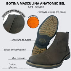 Botina Masculina Anatomic Gel Couro Com Costura E Zíper Bullskim Café/ Cost Café Sola Bulldog Café /Natural Ref:9069