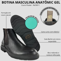 Botina Masculina Anatomic Gel Couro Floater Oil Brown Pesponto Café Sola Berlim Preta Ref:8911
