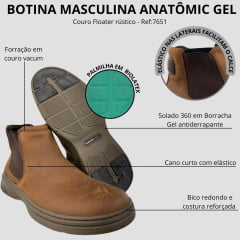 Botina Masculina Anatomic Gel Couro Floater Rústico Conhaque Sola Conforto 360 Ref:7651