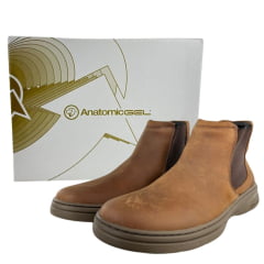 Botina Masculina Anatomic Gel Couro Floater Rústico Conhaque Sola Conforto 360 Ref:7651