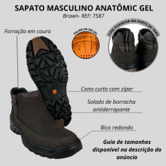 Botina Masculina Anatomic Gel Couro Rústico T.Moro/Furado Brown Com Zíper Sola 360º Outdoor Preta Ref:7587