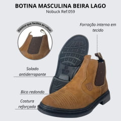 Botina Masculina Beira Lago Nobuck Camel Com Bordado Br Sola Borracha Bico Redondo Ref:059