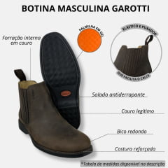 Botina Masculina Garotti Conforto Bico Redondo Crazy Horse Café-Sola Pre-Fresado MCallen Ref.201-COD:2394