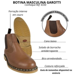 Botina Masculina Garotti Vira Francesa Couro Floater Conhaque Bico Redondo Sola Natural Ref:900 COD:0713
