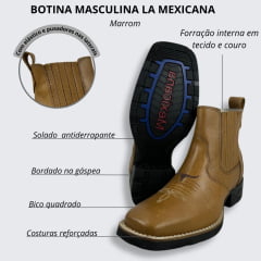 Botina Masculina La Mexicana Bico Quadrado Couro Dallas Caramelo Com Bordado Florão Sola Cavaleira Preta Ref.07291