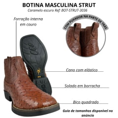 Botina Masculina Strut Bico Quadrado Couro Avestruz Cheio Caramelo Escuro Ref:BOT-STRUT 3036