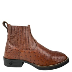 Botina Masculina Strut Bico Quadrado Couro Avestruz Cheio Caramelo Escuro Ref:BOT-STRUT 3036