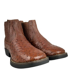 Botina Masculina Strut Bico Quadrado Couro Avestruz Cheio Caramelo Escuro Ref:BOT-STRUT 3036