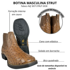 Botina Masculina Strut Couro Avestruz Cheio Tabaco Ref:BOT-STRUT 3036 Bico Quadrado
