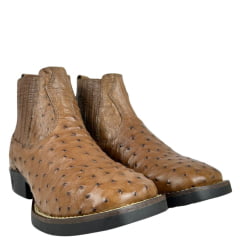 Botina Masculina Strut Couro Avestruz Cheio Tabaco Ref:BOT-STRUT 3036 Bico Quadrado