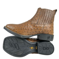 Botina Masculina Strut Couro Avestruz Cheio Tabaco Ref:BOT-STRUT 3036 Bico Quadrado