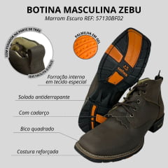 Botina Masculina Zebu Bico Quadrado Com Cadarço Couro Bufalino Café - REF: 57130BF02