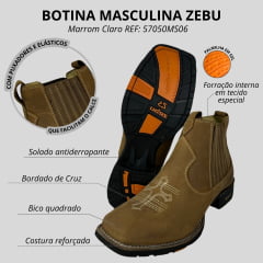 Botina Masculina Zebu Bico Quadrado Couro Mustang Sela C/ Bordado Cruz - REF: 57050MS06