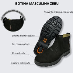 Botina Masculina Zebu Bico Redondo Nobuck Preto Com Carimbo Zebu Ref.56010 NB01