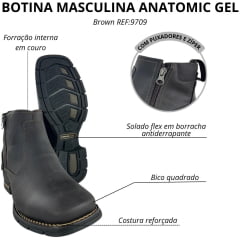 Botina Texana Masculina Anatomic Gel Bico Quadrado Couro Mustang Brown Cost Café 2 Ziper Sola Austin Preta - REF:9709