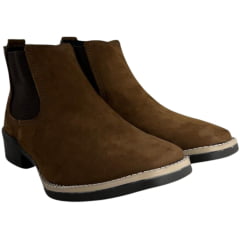 Botina Masculina Beira Lago Bico Quadrado Couro Nobuck/Napa Camel REF:965