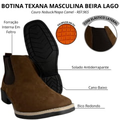 Botina Masculina Beira Lago Bico Quadrado Couro Nobuck/Napa Camel REF:965