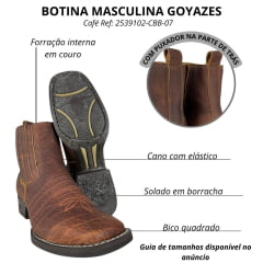 Botina Texana Masculina Goyazes Bico Quadrado Solado Bull Café/Amber Couro Cabeça De Boi Tan Ref:2539102-CBB-07
