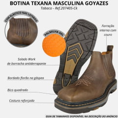 Botina Texana Masculina Goyazes Bico Quadrado Work Couro Dallas Marrom Bordado Florão Ref.207405-Ck