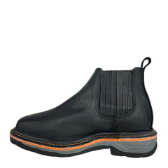 Botina Texana Masculina Goyazes Bico Quadrado Work Preto Couro Bison Preto Solado Preto/Laranja Ref:2574101-CK-01