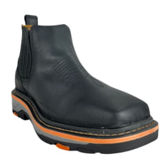Botina Texana Masculina Goyazes Bico Quadrado Work Preto Couro Bison Preto Solado Preto/Laranja Ref:2574101-CK-01